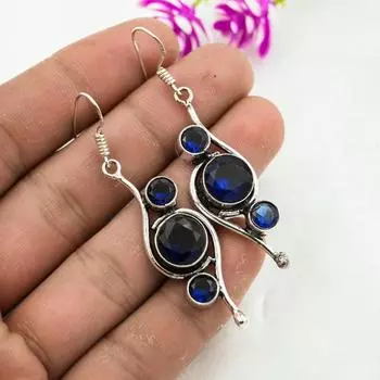 Серьги с синим сапфиром, серьги с драгоценными камнями ручной работы, серьги из цельного серебра 925 пробы, антикварные ювелирные изделия, для подарка на помолвку 2.44 Inches синий