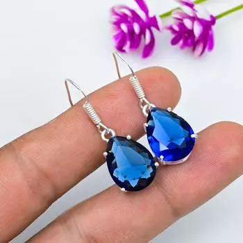 Серьги с синим сапфиром, серьги с драгоценными камнями ручной работы, серьги из цельного серебра 925 пробы, антикварные ювелирные изделия, для подарка на помолвку 1.53 Inches синий