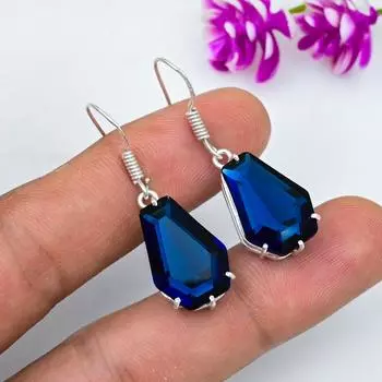 Серьги с синим сапфиром, серьги с драгоценными камнями ручной работы, серьги из цельного серебра 925 пробы, антикварные ювелирные изделия, для подарка на помолвку 1.53 Inches чёрный
