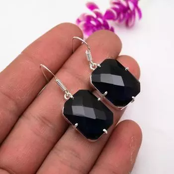 Серьги с синим сапфиром, серьги с драгоценными камнями ручной работы, серьги из цельного серебра 925 пробы, антикварные ювелирные изделия, для подарка на помолвку 1.57 Inches чёрный