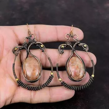 Серьги с солнечным камнем, серьги из медной проволоки, дизайнерские серьги ручной работы, ювелирные изделия из проволочной обертки, потрясающие серьги с драгоценными камнями, медные украшения для подарков
