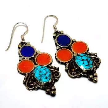 Серьги с тибетским бирюзовым красным кораллом, посеребренные 925 пробы, 2,46 дюйма