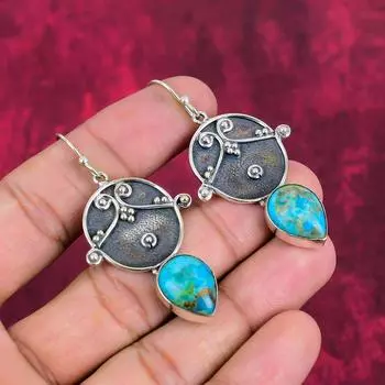 Серьги с тибетской бирюзой, драгоценные камни, серьги ручной работы из цельного серебра 925 пробы, ювелирные изделия последнего дизайна 2.24 Inches синий