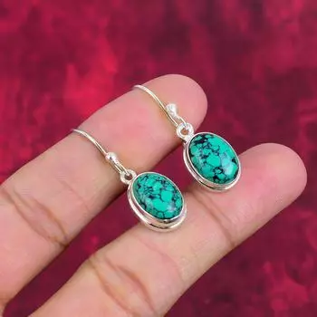 Серьги с тибетской бирюзой, драгоценные камни, серьги ручной работы из цельного серебра 925 пробы, ювелирные изделия последнего дизайна 1.50 Inches зелёный