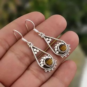 Серьги с тигровым глазом, желтые круглые серьги с кабошоном, серьги из стерлингового серебра 925 пробы