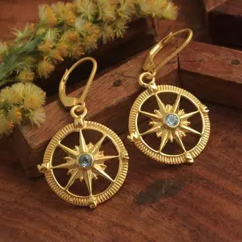 Серьги с замком и компасом с синим топазом, ювелирные изделия из стерлингового серебра 925 пробы с покрытием из желтого золота жёлтый/золотой