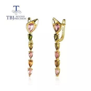 Серьги с застежкой из натурального многоцветного турмалина, разноцветные драгоценные камни, изящные ювелирные изделия, женские серьги из серебра 925 пробы, подарок на годовщину L розовый/коричневый