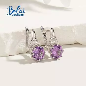 Серьги с застежкой из стерлингового серебра 925 пробы, круглые 8 мм, с изменяющим цвет драгоценным камнем александритом, изысканные украшения для женщин от bolai M фиолетовый