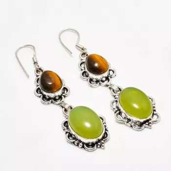 Серьги с зеленым халцедоном и драгоценным камнем «Тигровый глаз» 925, посеребренные, 2,46 дюйма