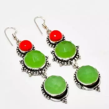 Серьги с зеленым халцедоном и красным кораллом, посеребренные 925 пробы, 2,84 дюйма
