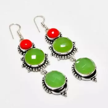Серьги с зеленым халцедоном и красным кораллом, посеребренные 925 пробы, 2,84 дюйма