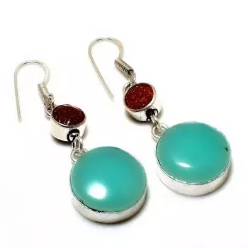 Серьги с зеленым халцедоном и красным солнечным камнем, посеребренные 925 пробы, 1,89 дюйма