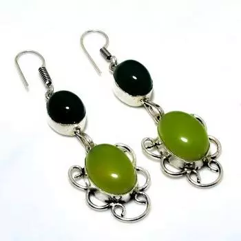 Серьги с зеленым халцедоном, зеленым ониксом 925 пробы, посеребренные, 2,46 дюйма