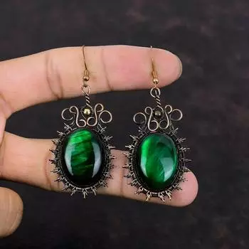 Серьги с зеленым огнем и лабрадоритом, серьги из медной проволоки, серьги из натурального драгоценного камня, медные украшения, новые серьги ручной работы, подарок для мамы