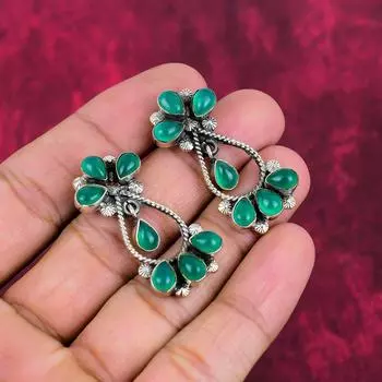 Серьги с зеленым ониксом, драгоценные камни, серьги ручной работы из цельного серебра 925 пробы, ювелирные изделия последнего дизайна 1.65 Inches зелёный