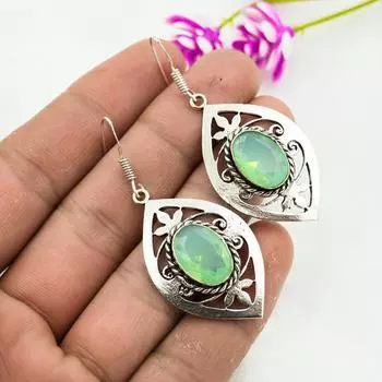 Серьги с зеленым опалом, драгоценные камни, серьги из чистого серебра 925 пробы, серьги ручной работы с камнями по дате рождения, подарок для него 1.77 Inches зелёный