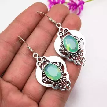 Серьги с зеленым опалом, драгоценные камни, серьги из чистого серебра 925 пробы, серьги ручной работы с камнями по дате рождения, подарок для него 2.16 Inches зелёный