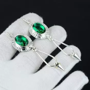 Серьги с зеленым турмалином, серебряные серьги, овальные серьги с драгоценными камнями, серьги из стерлингового серебра 925 пробы, серьги с драгоценными камнями, серьги для медитации 3.14 зелёный