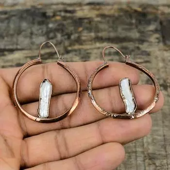 Серьги с жемчугом Бива, гальванические медные серьги, драгоценный камень, медные украшения, серьги ручной работы, гальванические ювелирные изделия, подарок для женщин, изящные серьги