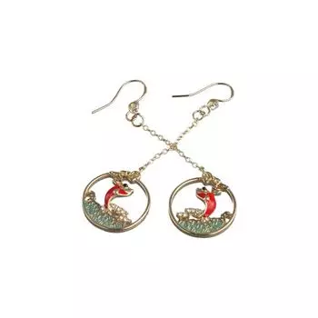 Серьги с жемчугом и кристаллами, золото, китайский Новый год, красные серьги с кои, женские серьги-гвоздики, женские висячие серьги B