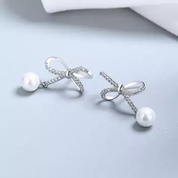 Серьги с жемчугом из стерлингового серебра, высококачественные серьги, новые нишевые легкие роскошные серьги-бантики