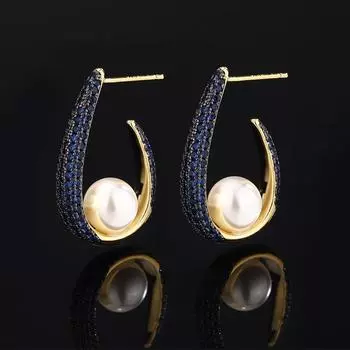 Серьги с жемчугом Серьги-гвоздики с жемчугом Темперамент Серьги-гвоздики с позолоченным жемчугом и цирконием Серьги с жемчугом