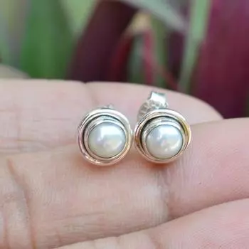 Серьги с жемчугом, серьги из стерлингового серебра, круглые серьги с пресноводным жемчугом 7x7 мм, серьги-гвоздики с жемчугом, женские серьги, украшения из жемчуга, подарок free size белый