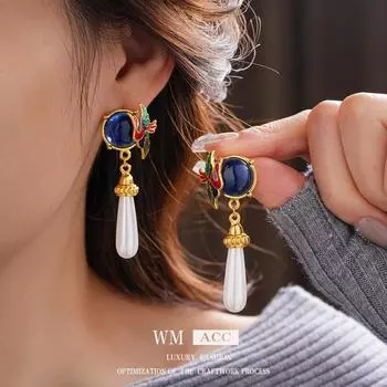 Серьги с жемчугом, серебряные иглы, птицы, капающие маслом, круглые серьги, ретро, легкая роскошь, высококачественные серьги для женщин синий