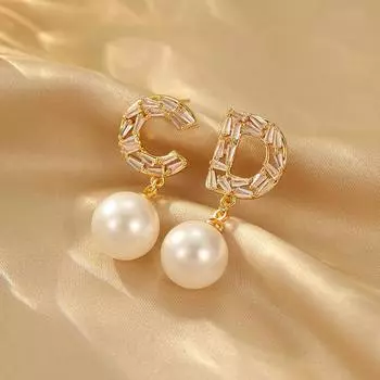 Серьги с жемчугом в форме буквы, женственные, легкие, роскошные, с цирконием, серьги-гвоздики, высокие, маленькие, с ароматом, знаменитые серьги 18K золотой