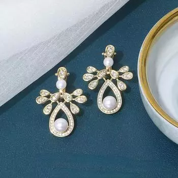 Серьги с жемчугом, женские, серия «Лес», геометрическая оправа из бриллиантов, серьги в виде листьев с каплями воды, модные серьги-гвоздики, ювелирные изделия