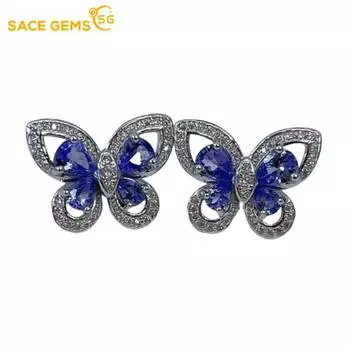 Серьги SACEGEMS для женщин из стерлингового серебра 925 пробы 4*5 мм с натуральным танзанитом, серьги-гвоздики, свадебные украшения для вечеринок синий