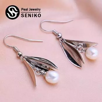 Серьги SENIKO 5-6 мм с натуральным пресноводным жемчугом, геометрический дизайн, модные длинные серьги в форме листьев для женщин, серьги-капли с кубическим цирконием, подарок для девочки белый