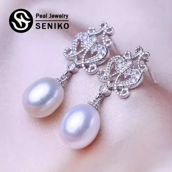Серьги SENIKO 8-9 мм с натуральным пресноводным жемчугом, геометрический дизайн, модные серьги с цветами из кубического циркония для женщин, длинные серьги, подарок для девочек