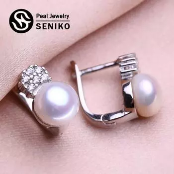 Серьги SENIKO 8-9 мм с натуральным пресноводным жемчугом, геометрический дизайн, модные серьги-клипсы с кубическим цирконием для женщин, подарок для девочек белый