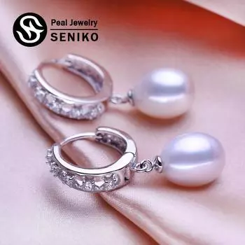 Серьги SENIKO 8-9 мм с натуральным пресноводным жемчугом, геометрический дизайн, модные серьги-клипсы с кубическим цирконием для женщин, серьги-кольца, подарок для девочек