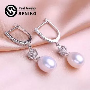Серьги SENIKO 8-9 мм с натуральным пресноводным жемчугом, геометрический дизайн, модные серьги-клипсы с кубическим цирконием для женщин, длинные серьги, подарок для девочек белый