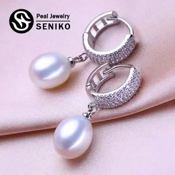 Серьги SENIKO 8-9 мм с натуральным пресноводным жемчугом, геометрический дизайн, модные серьги-клипсы с кубическим цирконием для женщин, серьги-кольца, подарок для девочек A белый