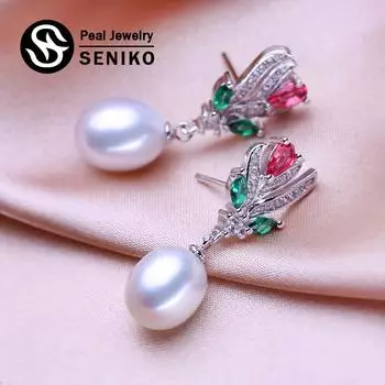 Серьги SENIKO 8-9 мм с натуральным пресноводным жемчугом, геометрический дизайн, модные серьги с цветами из кубического циркония для женщин, длинные серьги, подарок для девочек белый