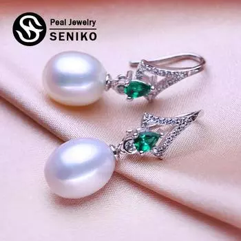 Серьги SENIKO 8-9 мм с натуральным пресноводным жемчугом, геометрический дизайн, модные серьги с цветами из кубического циркония для женщин, длинные серьги, подарок для девочек белый