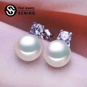 Серьги SENIKO 8-9 мм с натуральным пресноводным жемчугом, геометрический дизайн, модные серьги с кубическим цирконием для женщин, подарок для девочек белый