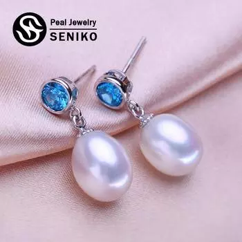 Серьги SENIKO 8-9 мм с натуральным пресноводным жемчугом, геометрический дизайн, модные серьги с кубическим цирконием для женщин, серьги, подарок для девочек белый