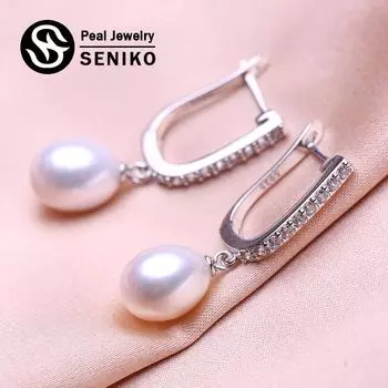 Серьги SENIKO 8-9 мм с натуральным пресноводным жемчугом, модные серьги-клипсы с кубическим цирконием для женщин и девочек, подарок, длинные серьги A