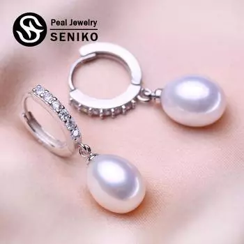 Серьги SENIKO 8-9 мм с натуральным пресноводным жемчугом, модные серьги-клипсы с кубическим цирконием для женщин и девочек, подарок, длинные серьги A