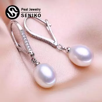 Серьги SENIKO с натуральным пресноводным жемчугом, геометрический дизайн, модные серьги-клипсы с кубическим цирконием, CZ, серьги для женщин, подарок для девочек белый