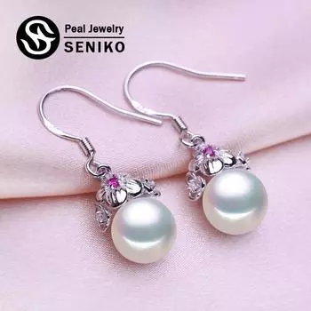 Серьги SENIKO с натуральным пресноводным жемчугом, геометрический дизайн, модные серьги с цветком кубического циркония для женщин, подарок для девочек белый