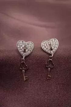 Серьги-сердца с подвесным замком и ключом