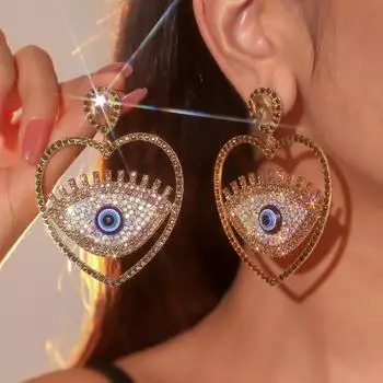 Серьги-сердечки из цветного стекла и страз на Хэллоуин для женщин с яркой индивидуальностью и сверкающие серьги в виде дьявольского глаза