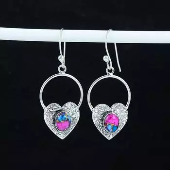 Серьги-сердечки из натурального розового камня Kingman Spiny Oyster, серьги из стерлингового серебра 925 пробы, серьги-подвески из серебра ручной работы в стиле бохо, подарок на Пасху 1.77 розовый