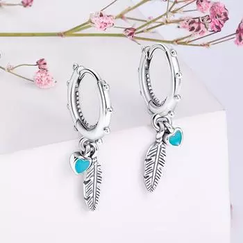 Серьги серебряного цвета, бирюзовые серьги-кольца с сердечками и перьями для женщин, модные серебряные серьги, ювелирные изделия Brincos