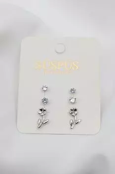 Серьги серебряного цвета с одним камнем, 6 штук